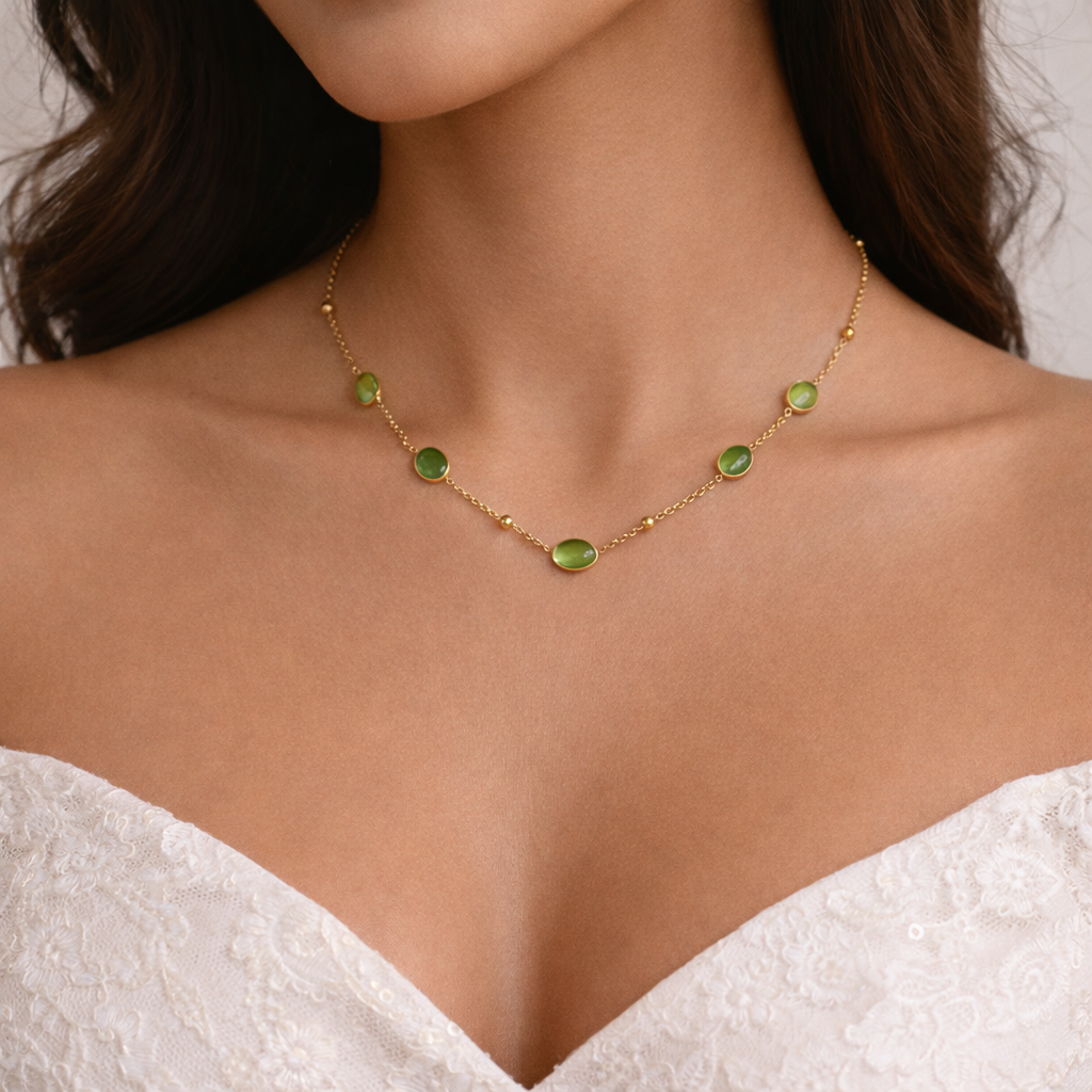 18K Gold Plated Green Stone Station Necklace