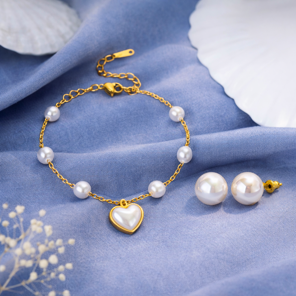 18K Gold Plated Pearl Heart Bracelet and Stud Earrings Set
