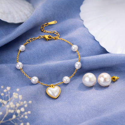 18K Gold Plated Pearl Heart Bracelet and Stud Earrings Set