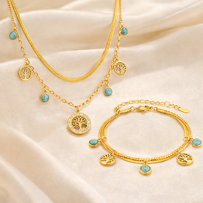 18K Gold Plated Tree of Life Multi-Layer Necklace and Bracelet Set