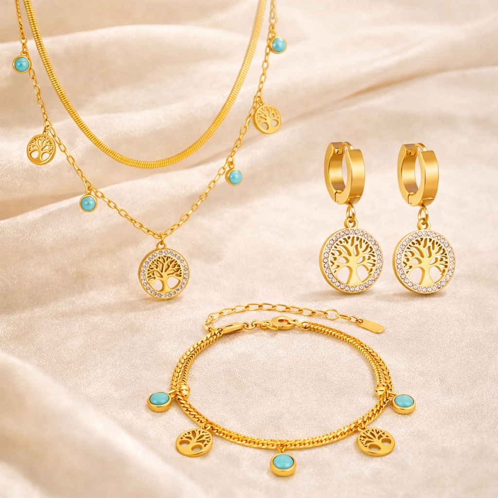 18K Gold Plated Multi-Layer Tree of Life Necklace, Bracelet and Earrings Set