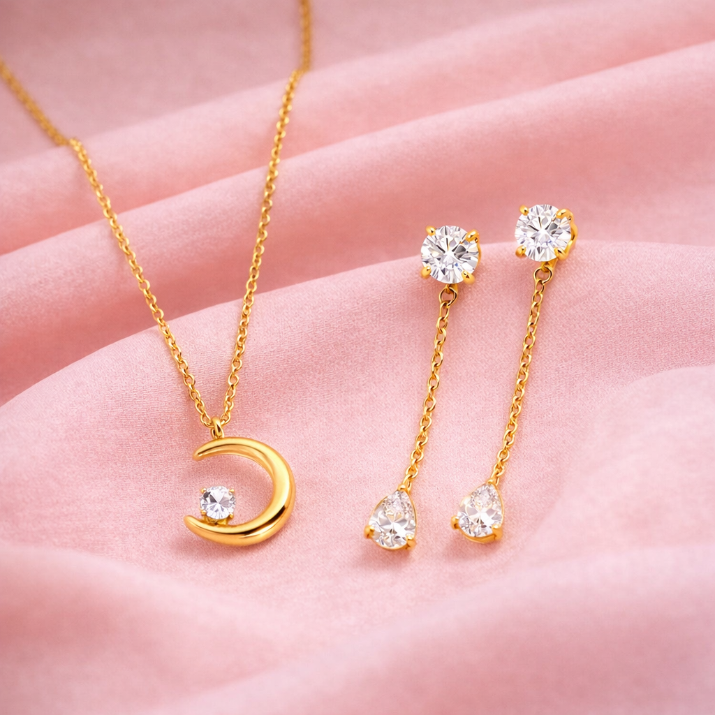 18K Gold Plated Crescent Moon Necklace and Drop Earrings Set