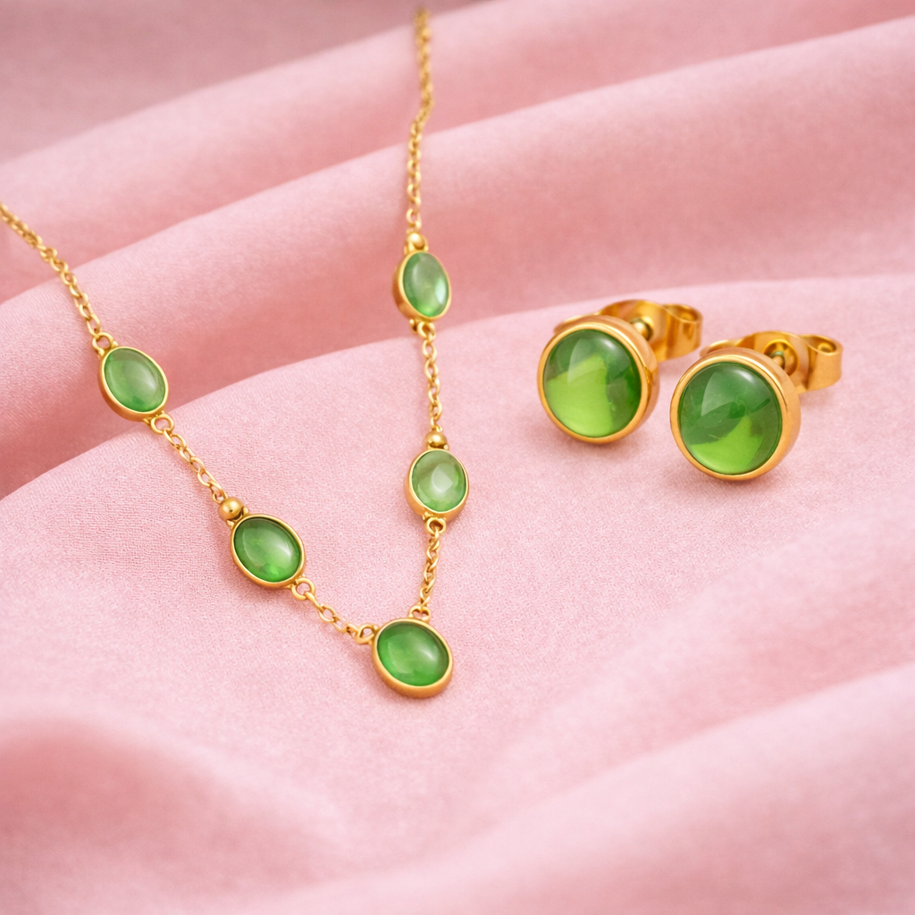 18K Gold Plated Green Stone Necklace and Stud Earrings Set