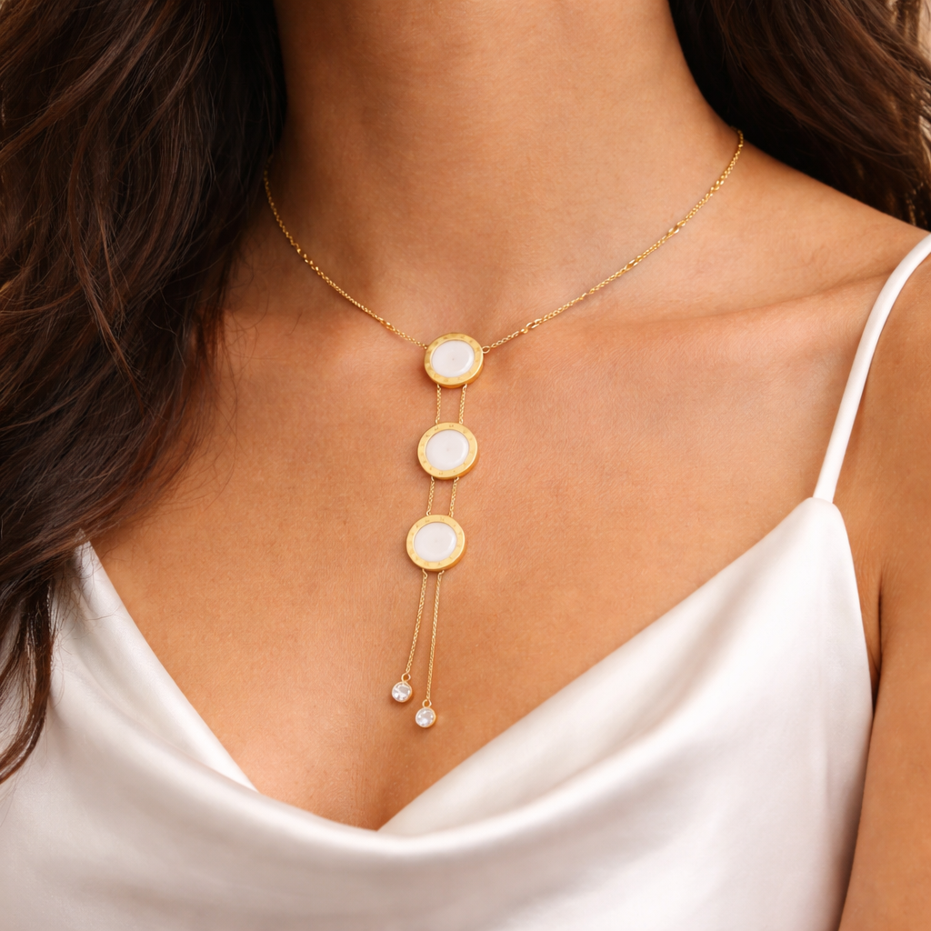 18K Gold Plated Slider Necklace with White Round Motifs