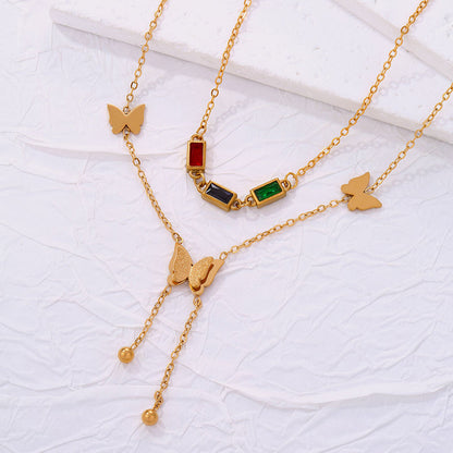 18K Gold Plated Multi Coloured Stone Butterfly Layered Necklace