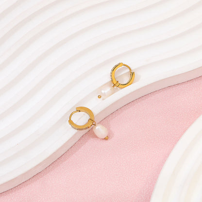 18K Gold Plated Pearl Drop CZ Studded Huggie Hoop Earrings