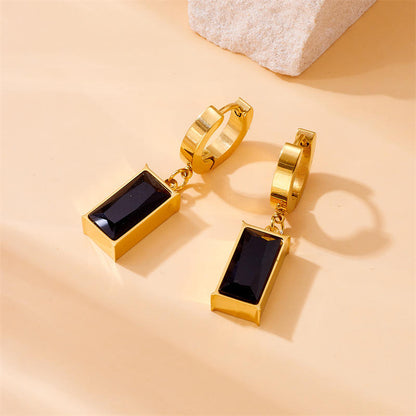 18K Gold Plated Black Stone Drop Hoop Earrings