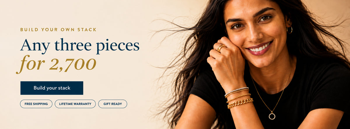 Model wearing a NAITRA gold stack build your own, any 3 pieces for ₹2,700 demifine jewellery