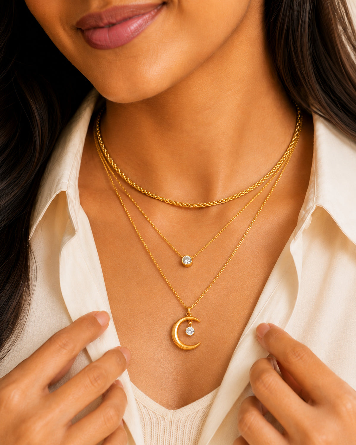 Model wearing Demifine 18K Gold plated pendant and layered necklaces in anti tarnish jewellery