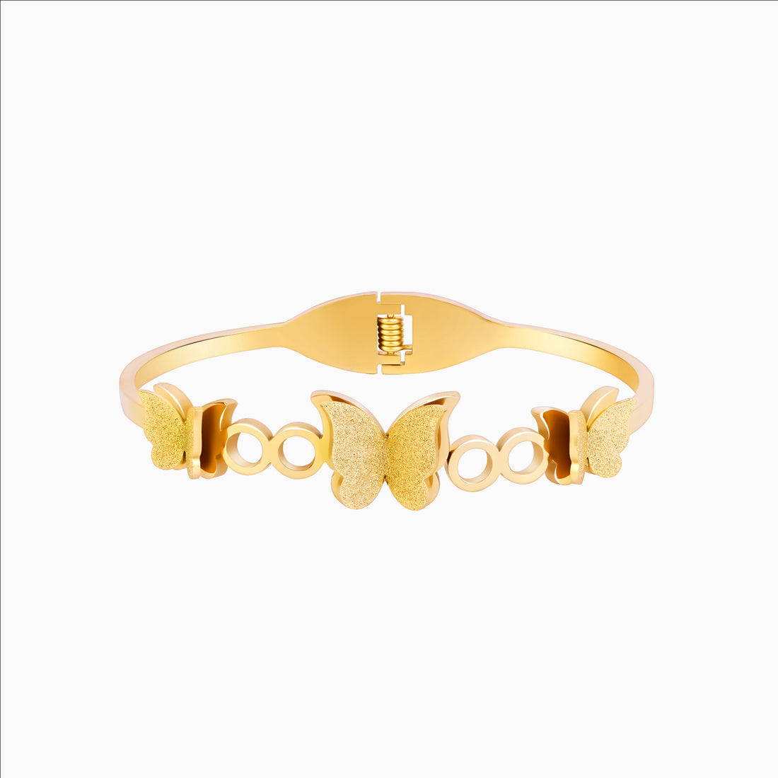Gold bracelet with butterfly designs on a white background
