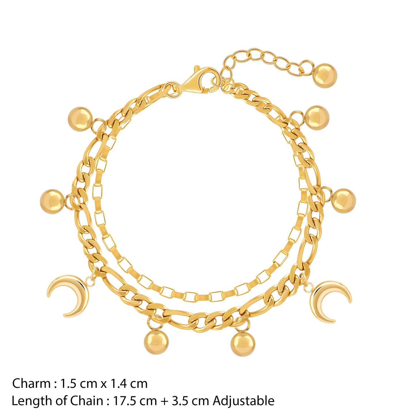 Gold bracelet with charms on a white background