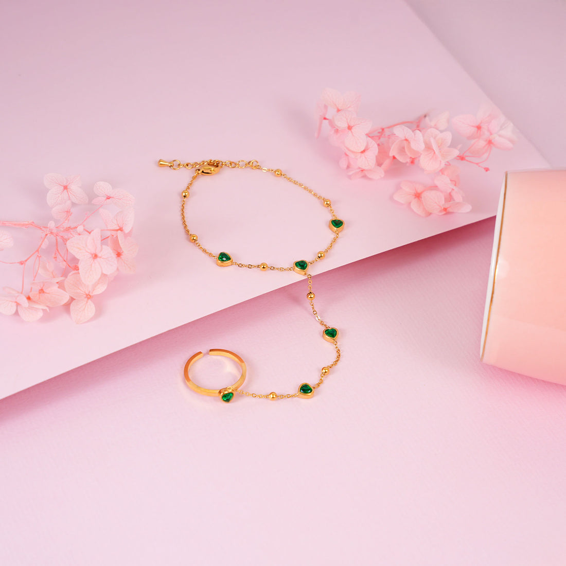 18K Gold Plated Green Heart Hand Chain Bracelet Ring