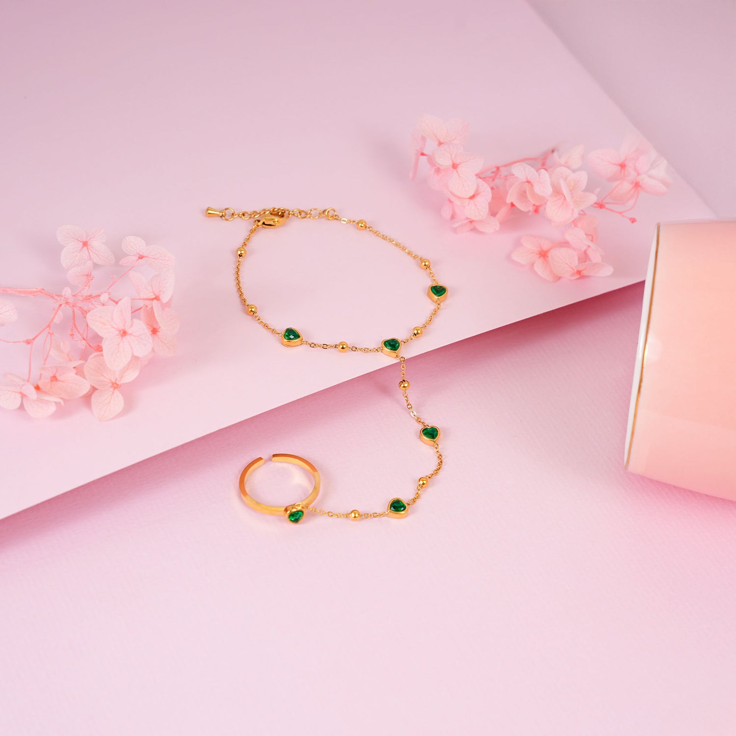 18K Gold Plated Green Heart Hand Chain Bracelet Ring