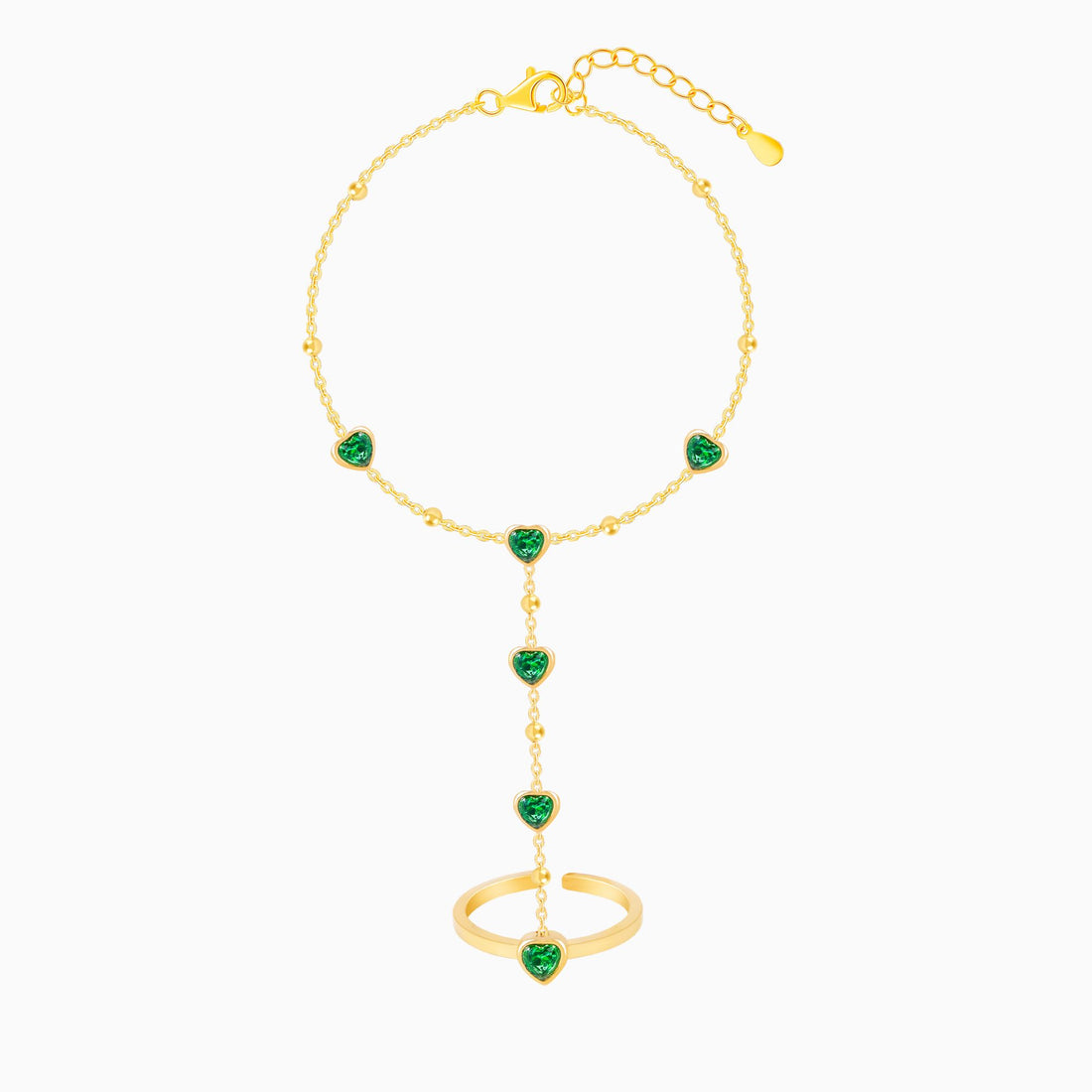 18K Gold Plated Green Heart Hand Chain Bracelet Ring