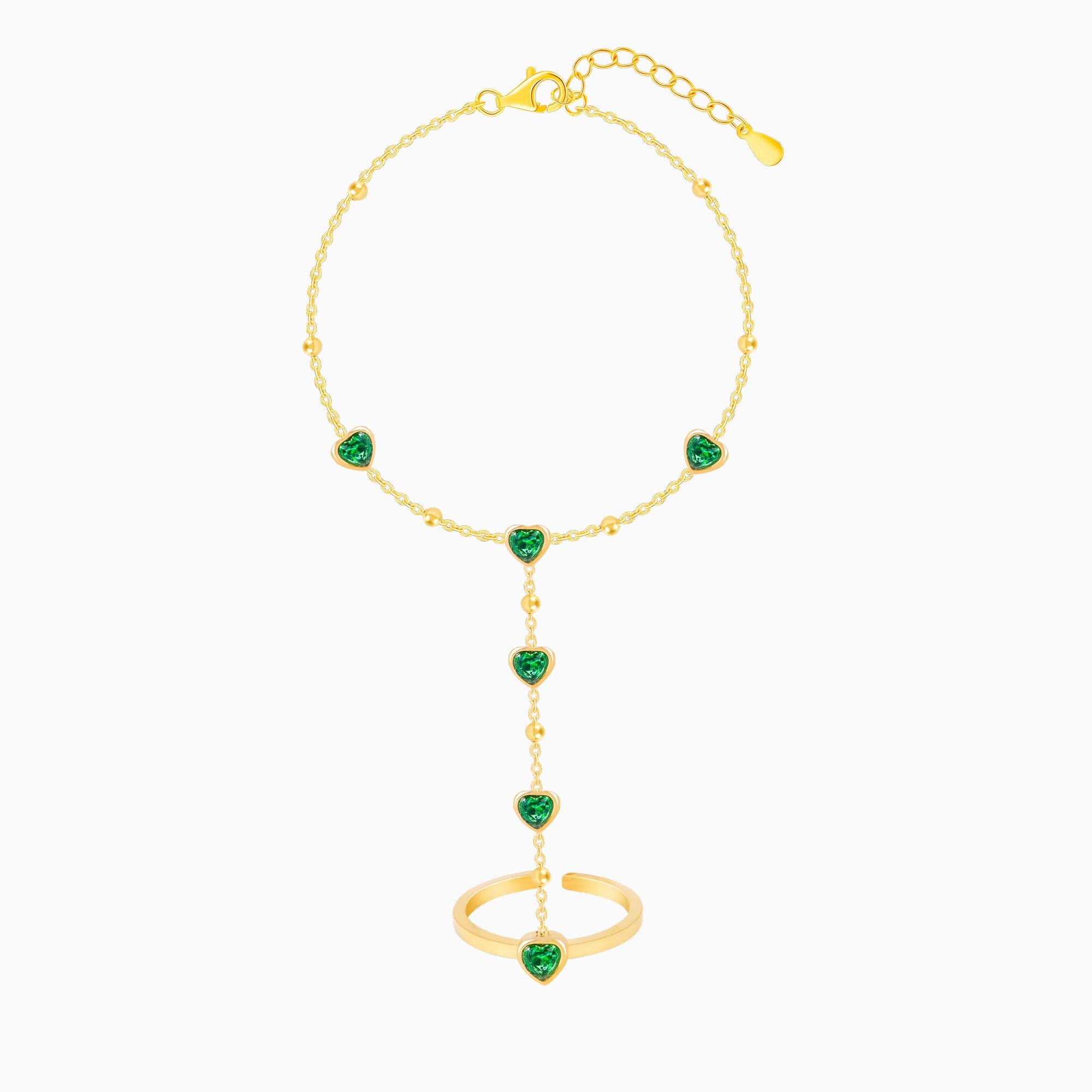 18K Gold Plated Green Heart Hand Chain Bracelet Ring