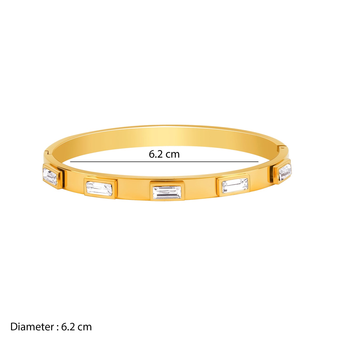 Gold bracelet with crystals and measurement details on a white background