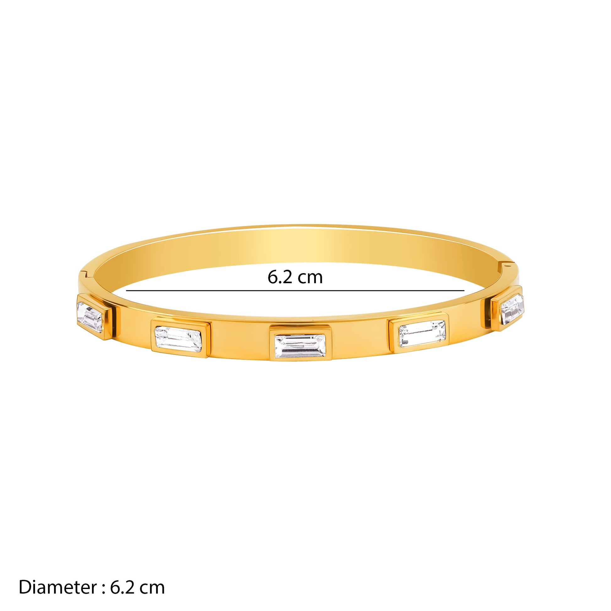 Gold bracelet with crystals and measurement details on a white background