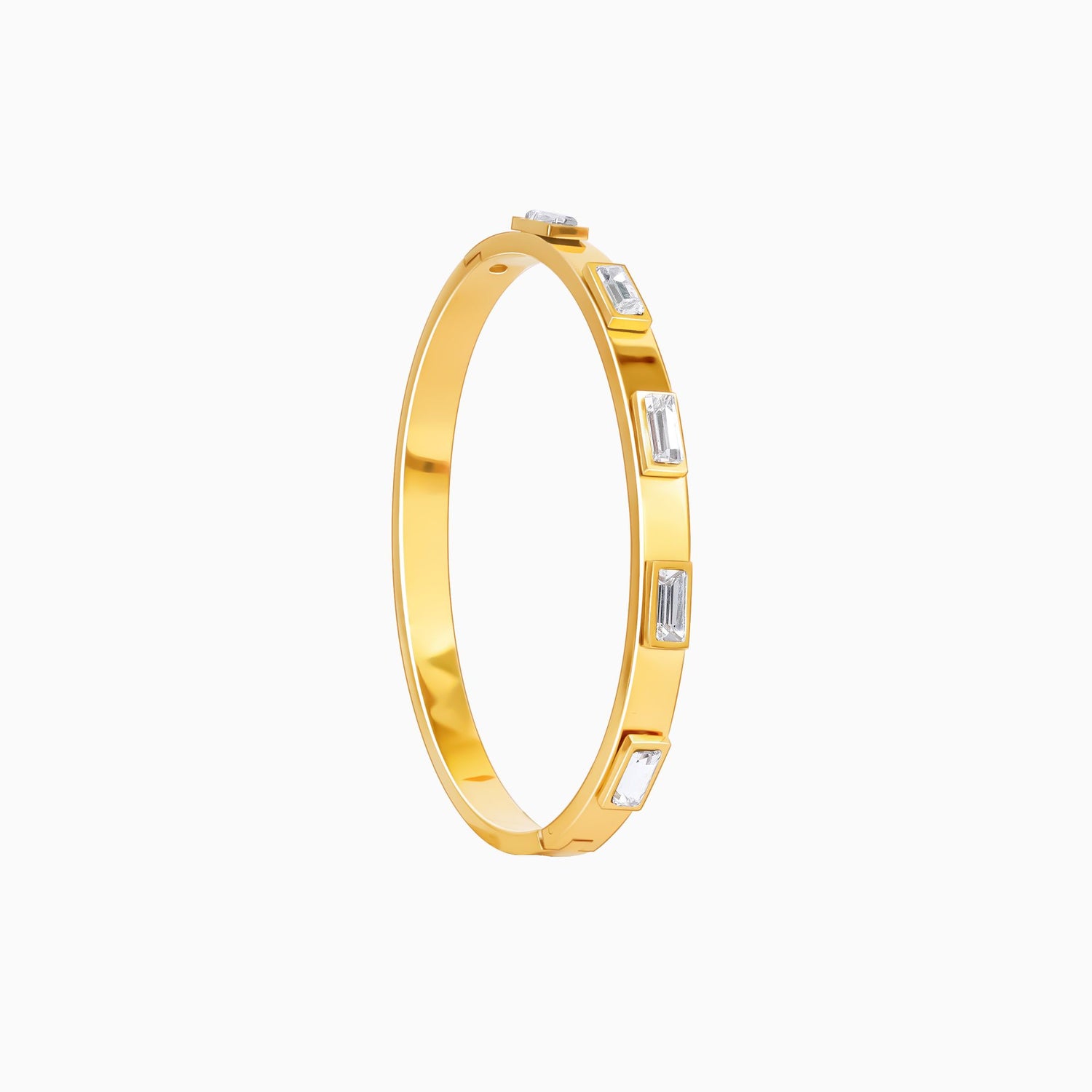 Gold bracelet with embedded diamonds on a white background