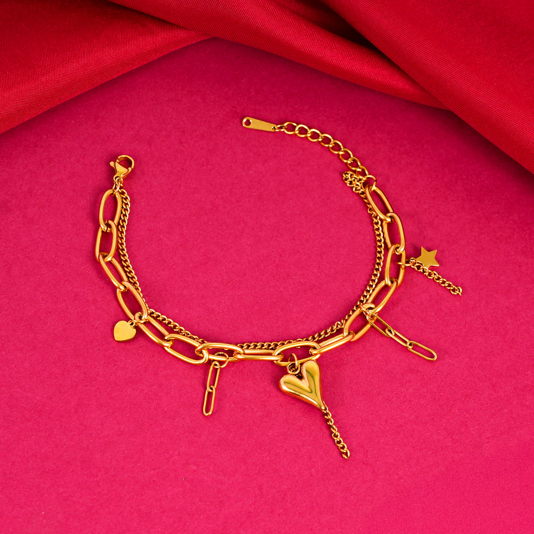 18K Gold Plated Heartstring Layers Heart Charm Bracelet