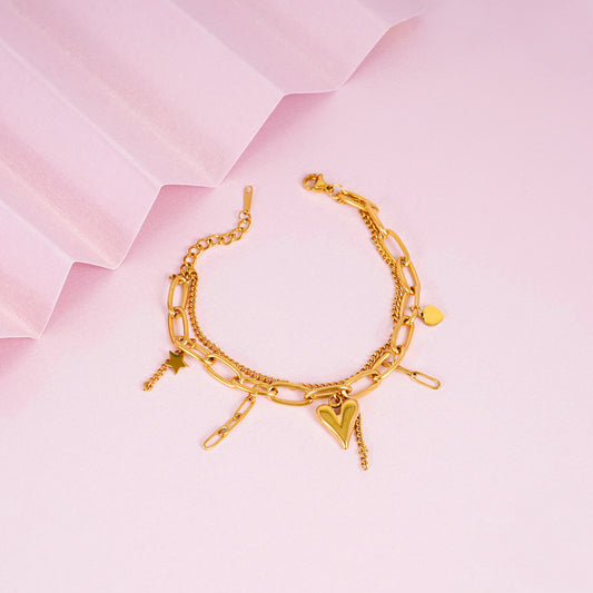 18K Gold Plated Heartstring Layers Heart Charm Bracelet