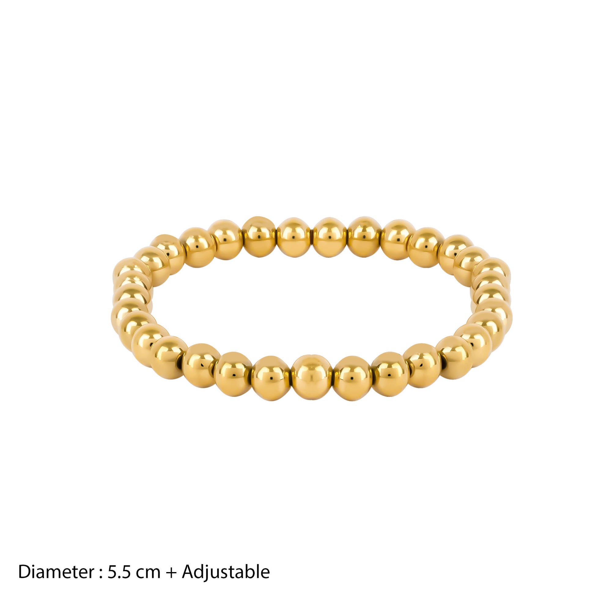 Gold beaded bracelet on a white background