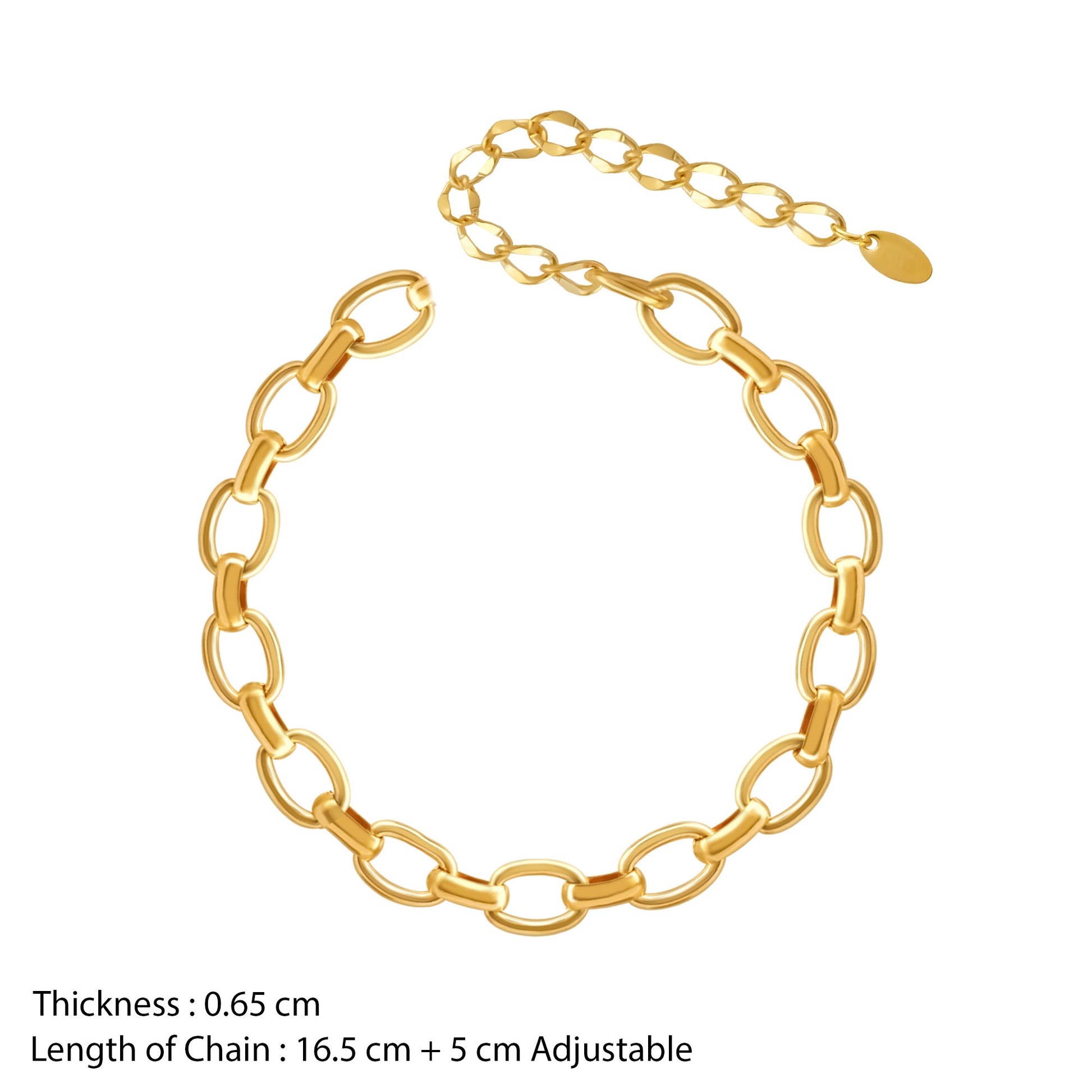 Gold chain bracelet on a white background with product details.