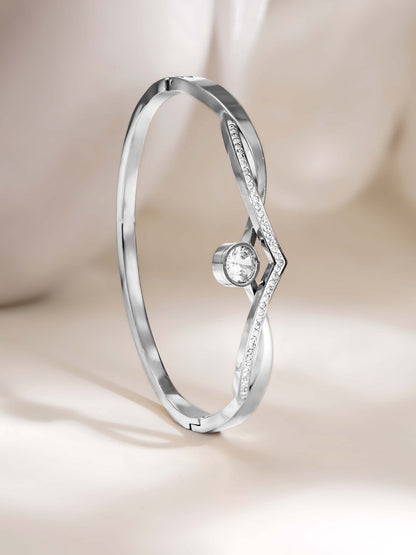 18K Gold Plated CZ Studded Crystal Openable Bangle Bracelet - White Gold