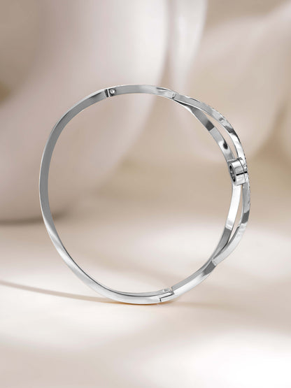 18K Gold Plated CZ Studded Crystal Openable Bangle Bracelet - White Gold