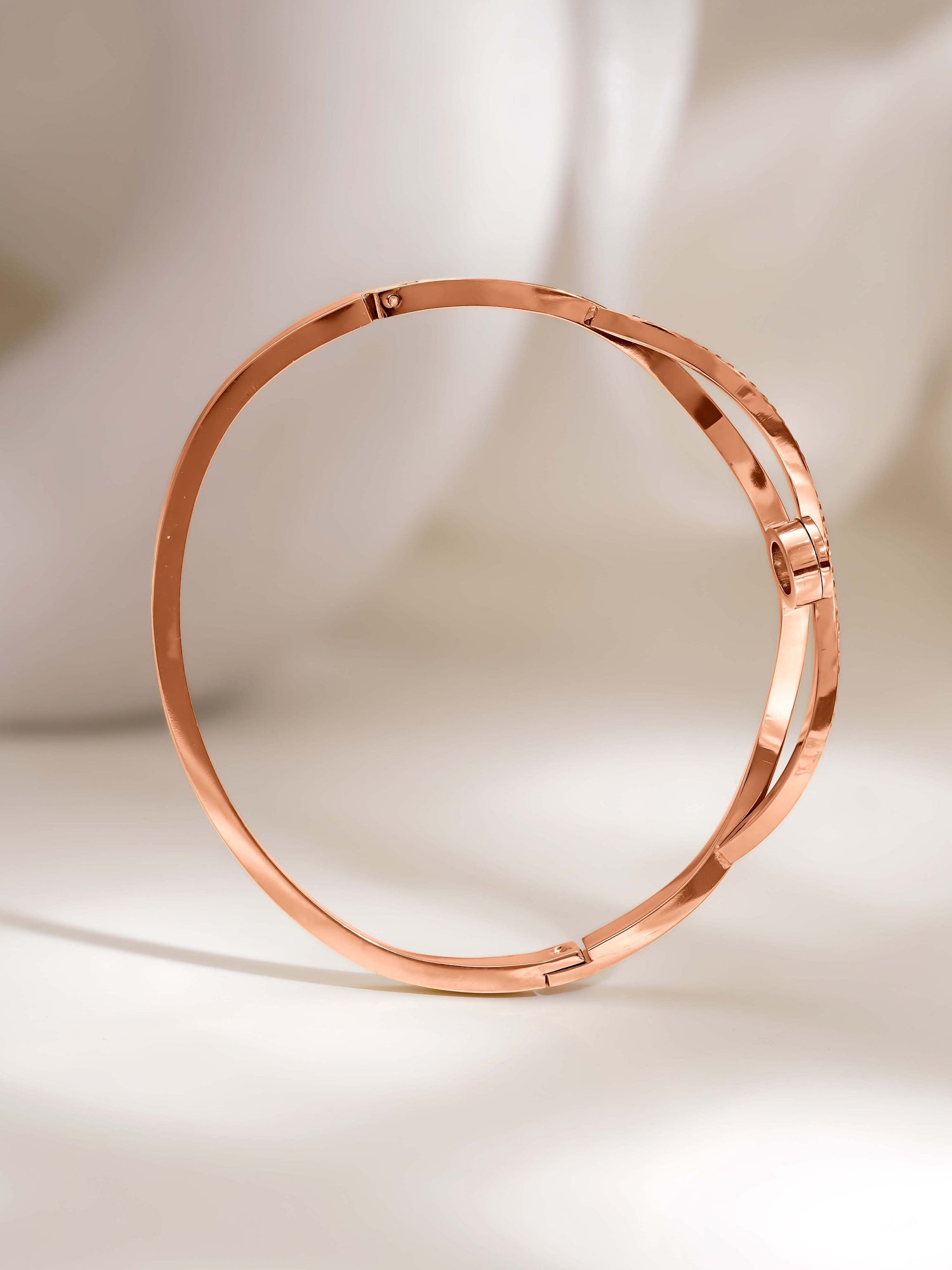 18K Gold Plated CZ Studded Crystal Openable Bangle Bracelet - Rose Gold