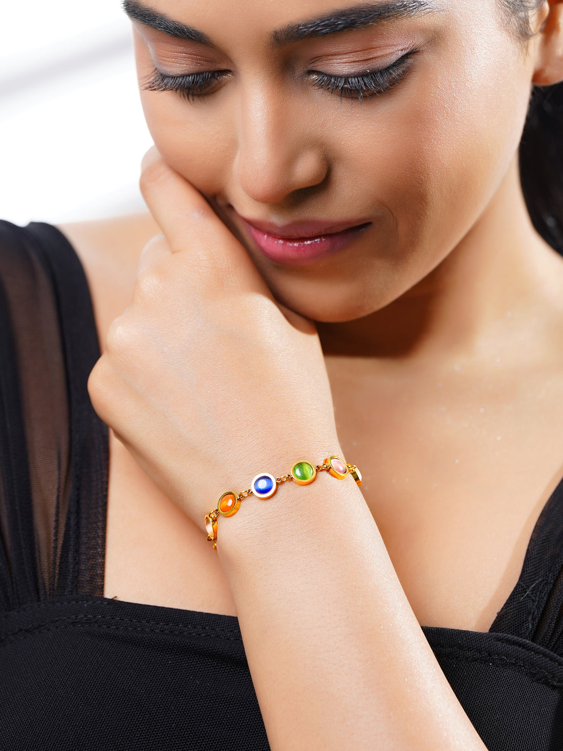 18K Gold Plated Multi Colored Cat Eye Beads Bracelet