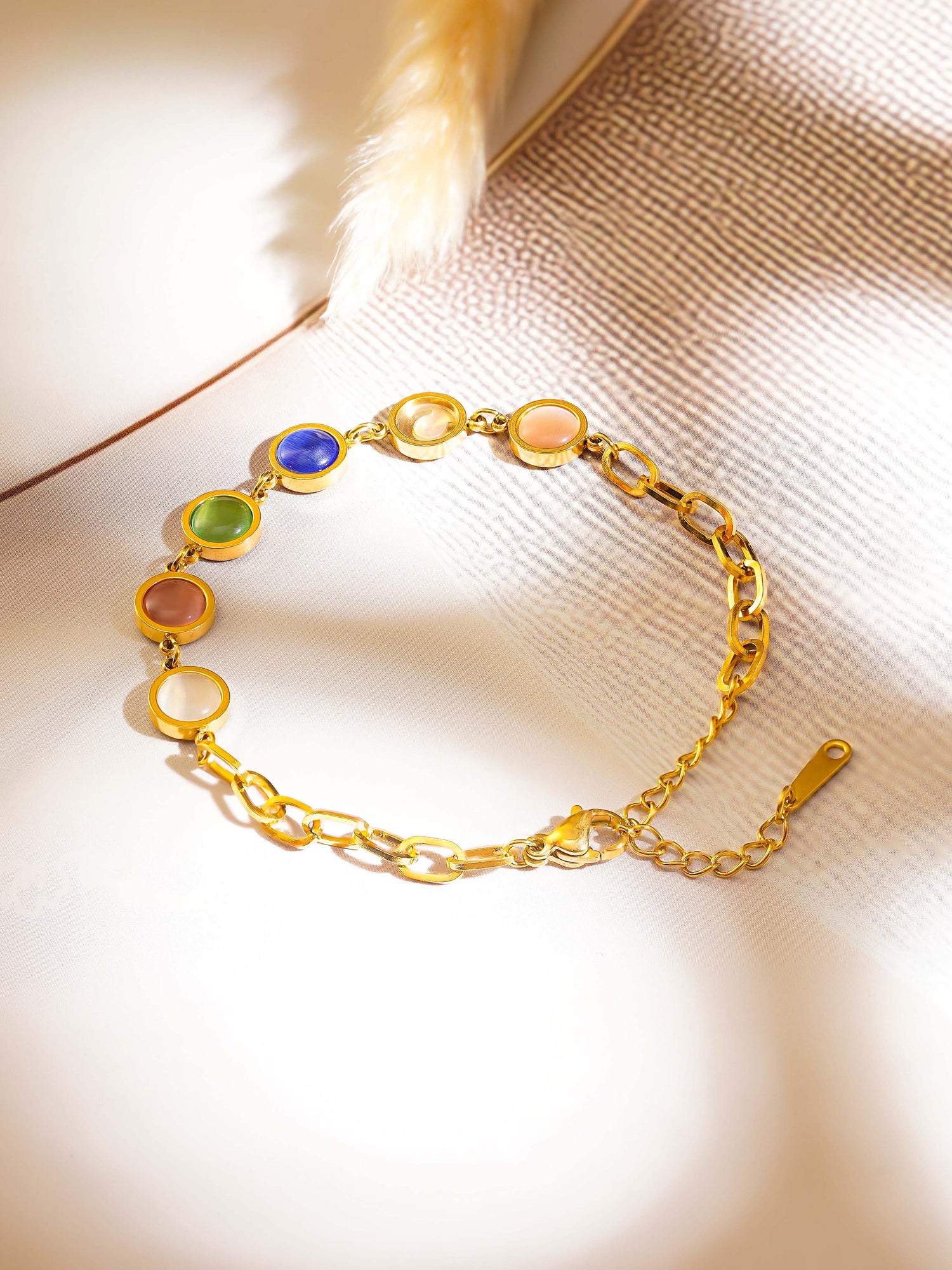 18K Gold Plated Multi Colored Cat Eye Beads Bracelet
