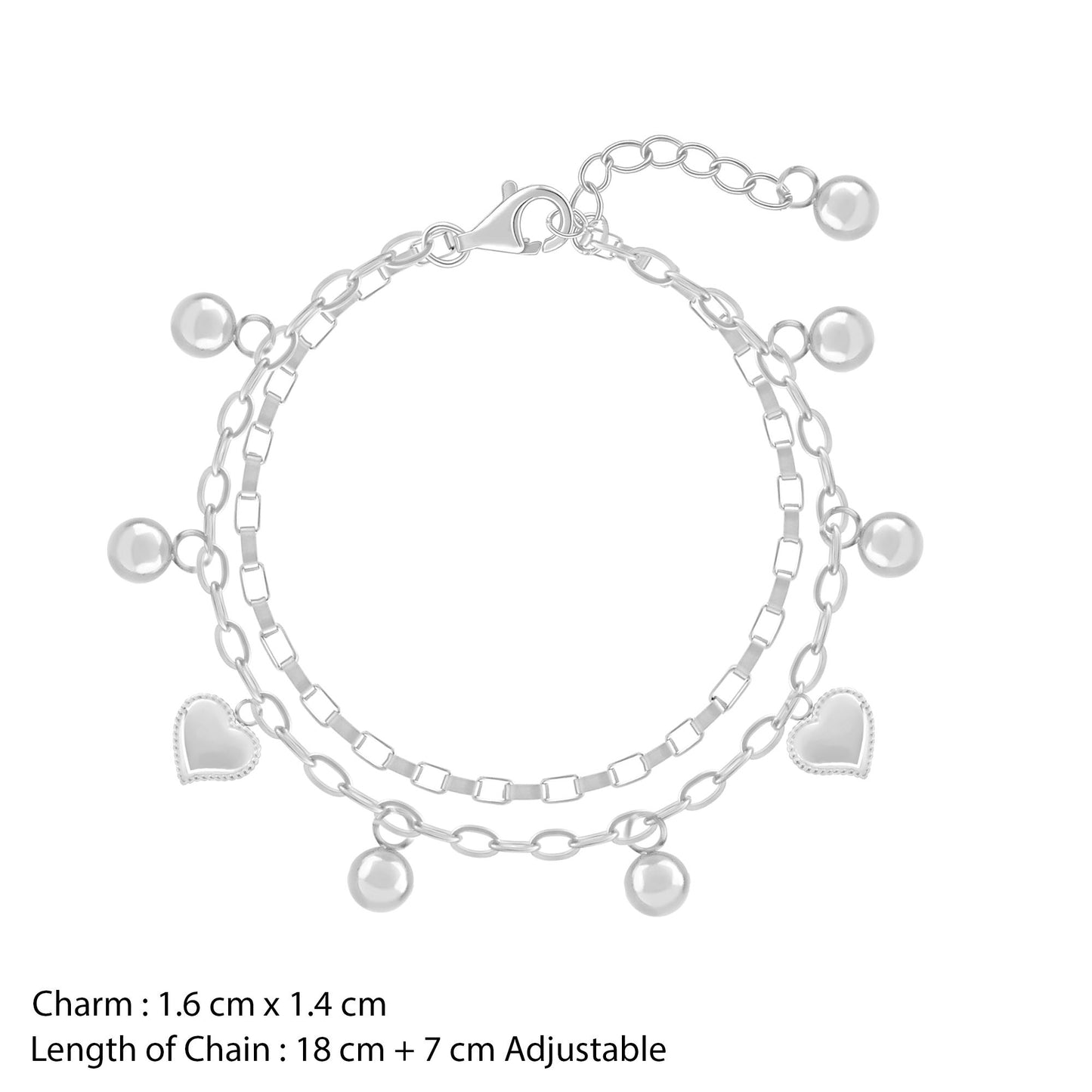 Silver bracelet with heart and pearl charms on a white background
