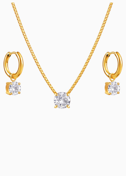 18K Gold Plated Solitaire Pendant Necklace &amp; Hoop Earrings Set for Women