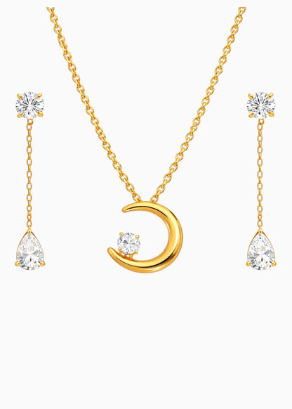 18K Gold Plated Crescent Moon Necklace and Drop Earrings Set
