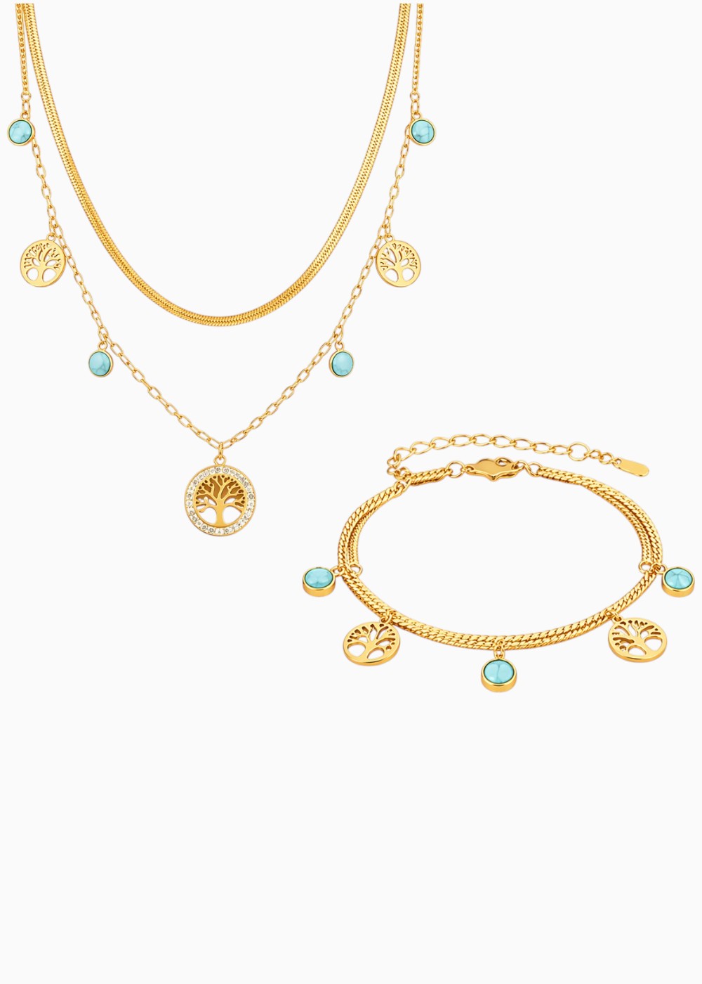 18K Gold Plated Tree of Life Multi-Layer Necklace and Bracelet Set