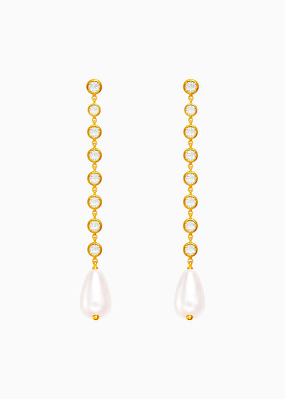 18K Gold Plated CZ Studded Pearl Tassel Statement Earrings