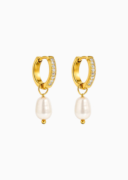 18K Gold Plated Pearl Drop CZ Studded Huggie Hoop Earrings