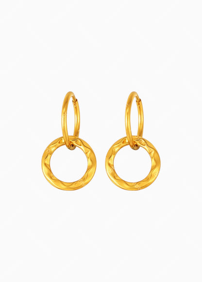 18K Gold Plated Textured Circle Drop Hoop Earrings