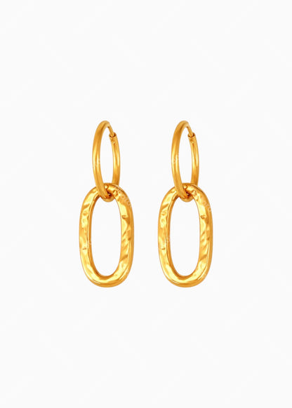 18K Gold Plated Textured Oval Drop Hoop Earrings