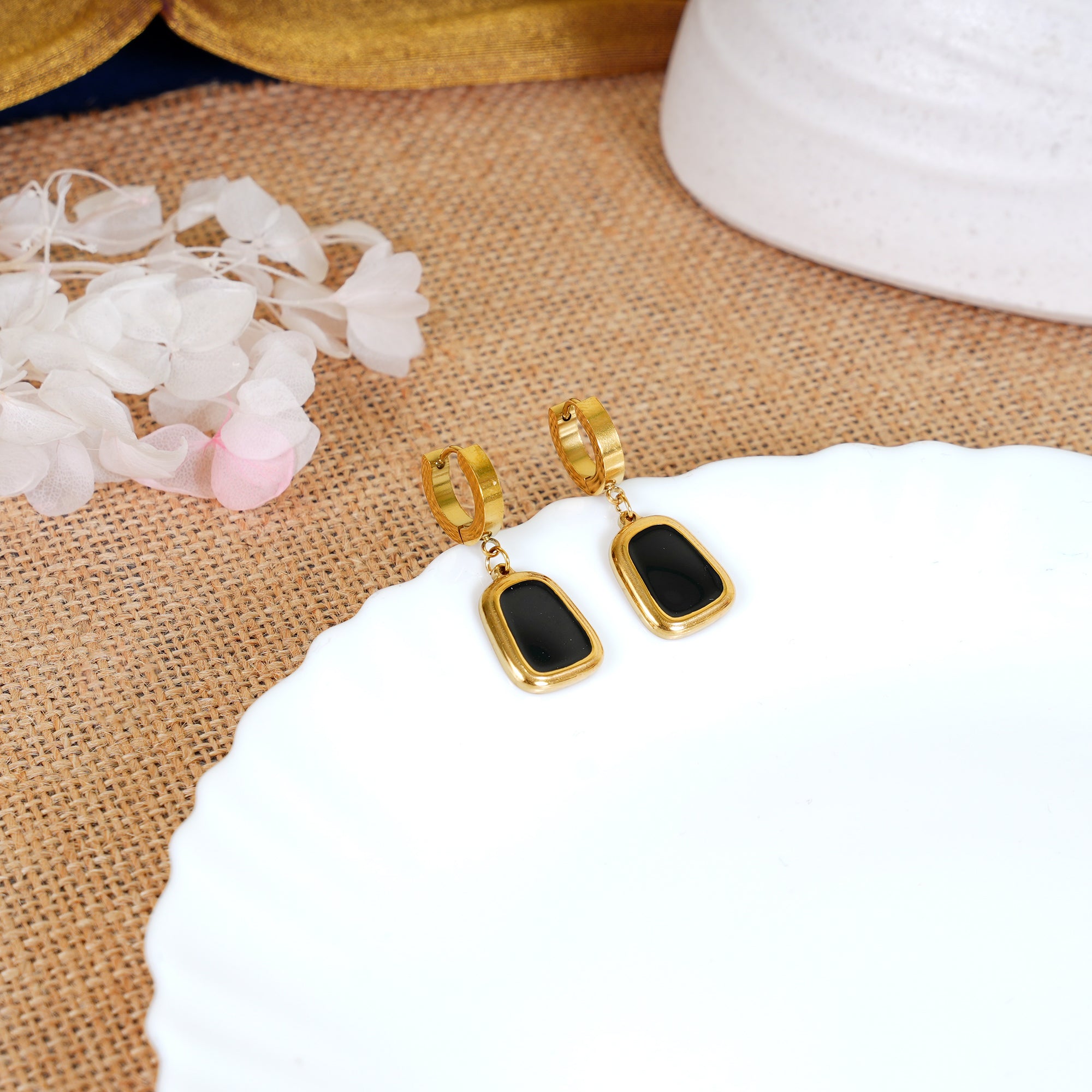 18K Gold Plated Black Onyx Hoop Earrings