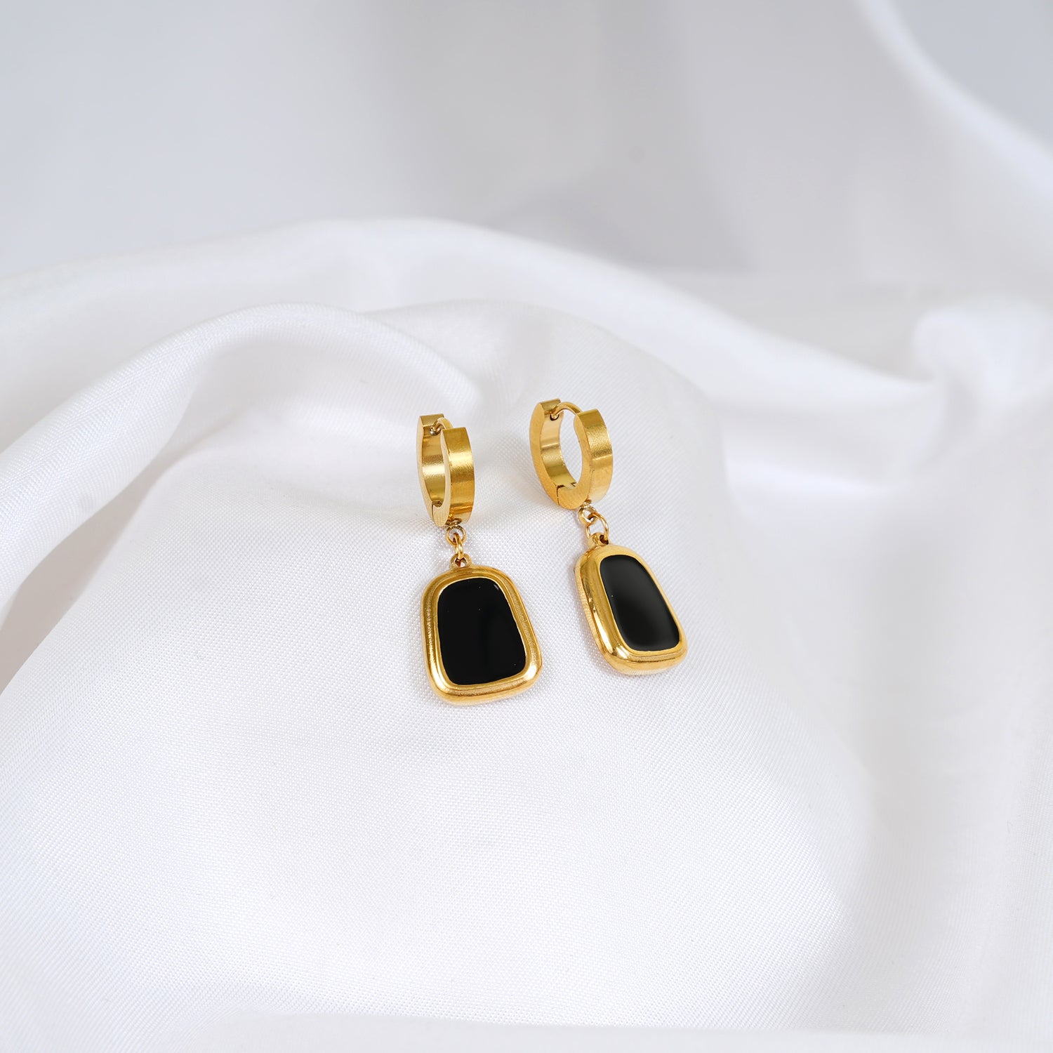 18K Gold Plated Black Onyx Hoop Earrings