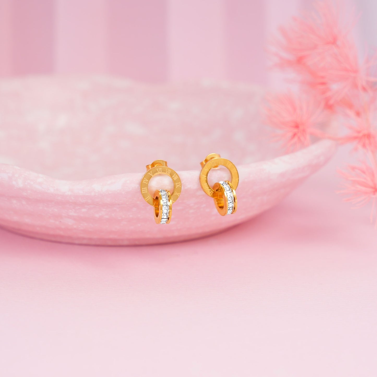 18K Gold Plated Orbit of Grace Gold Double Ring Stud Earrings