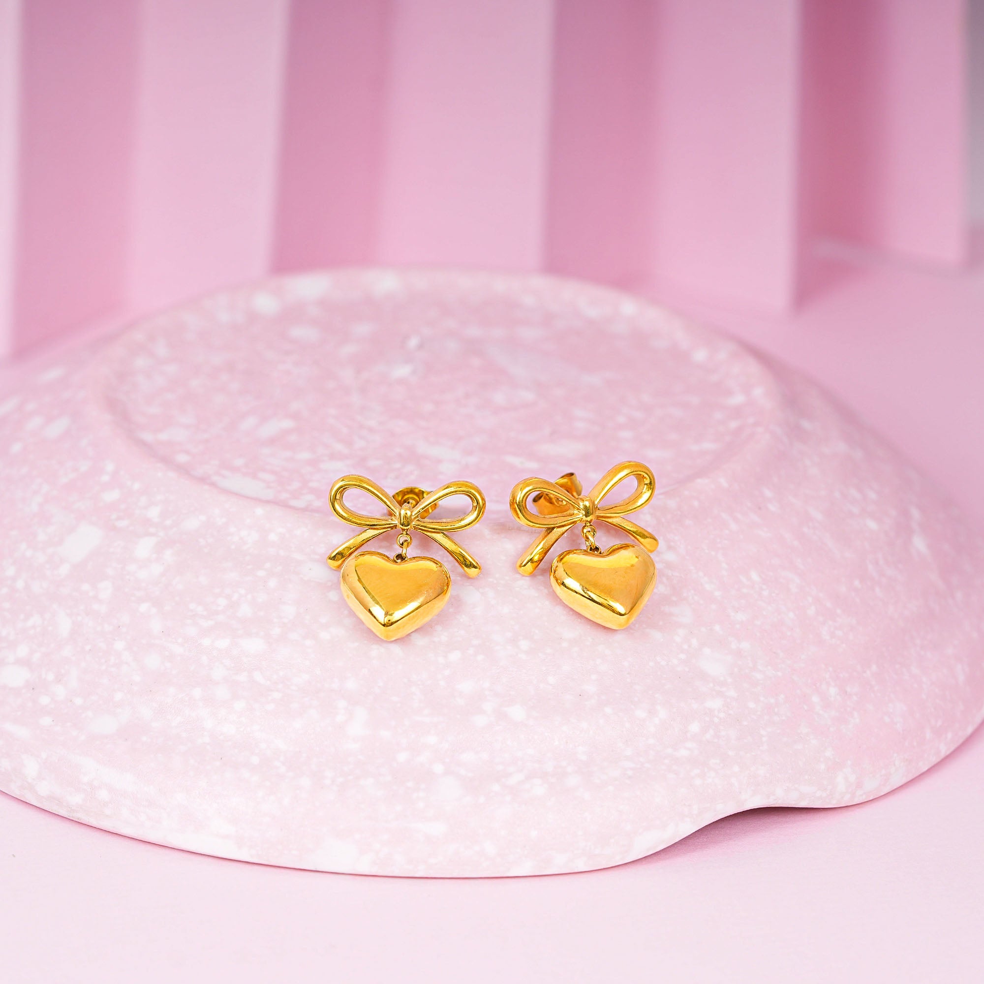 18K Gold Plated Wrapped with Love Heart Bow Earrings - Gold