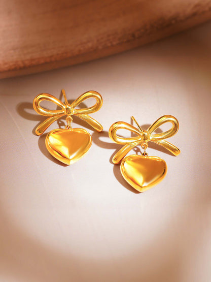 18K Gold Plated Wrapped with Love Heart Bow Earrings - Gold