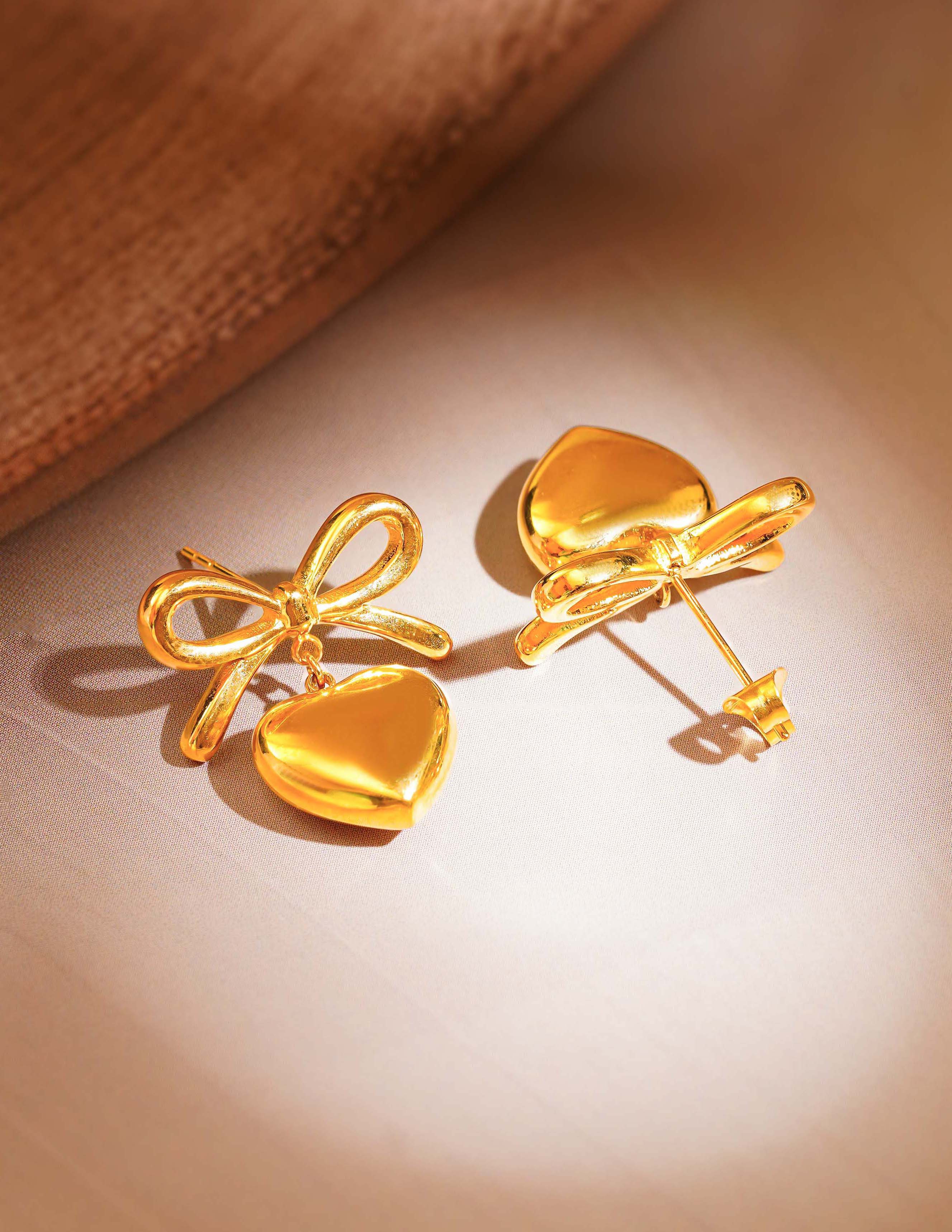 18K Gold Plated Wrapped with Love Heart Bow Earrings - Gold