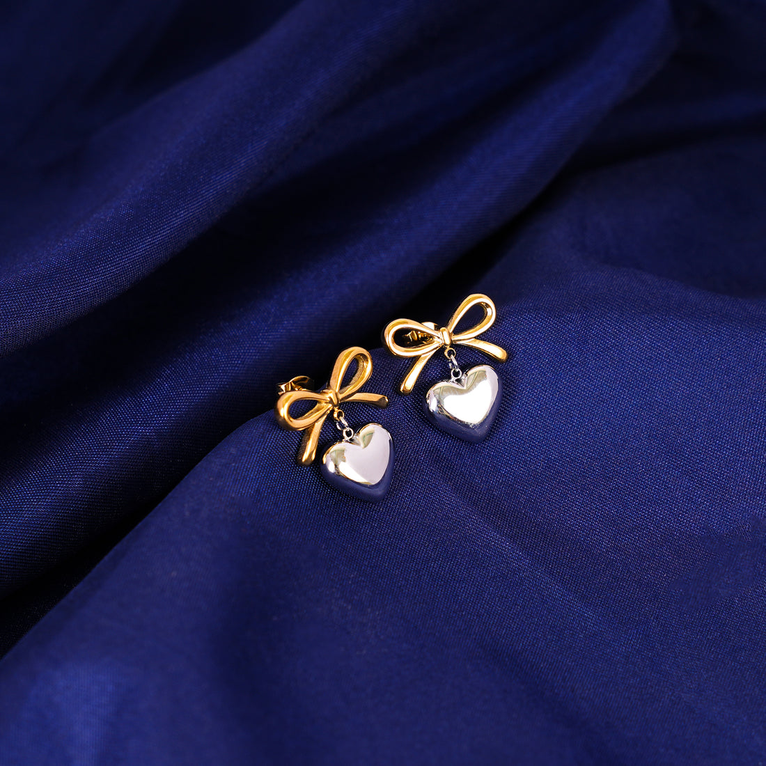 18K Multi Tone Plated Wrapped with Love Heart Bow Earrings - Silver