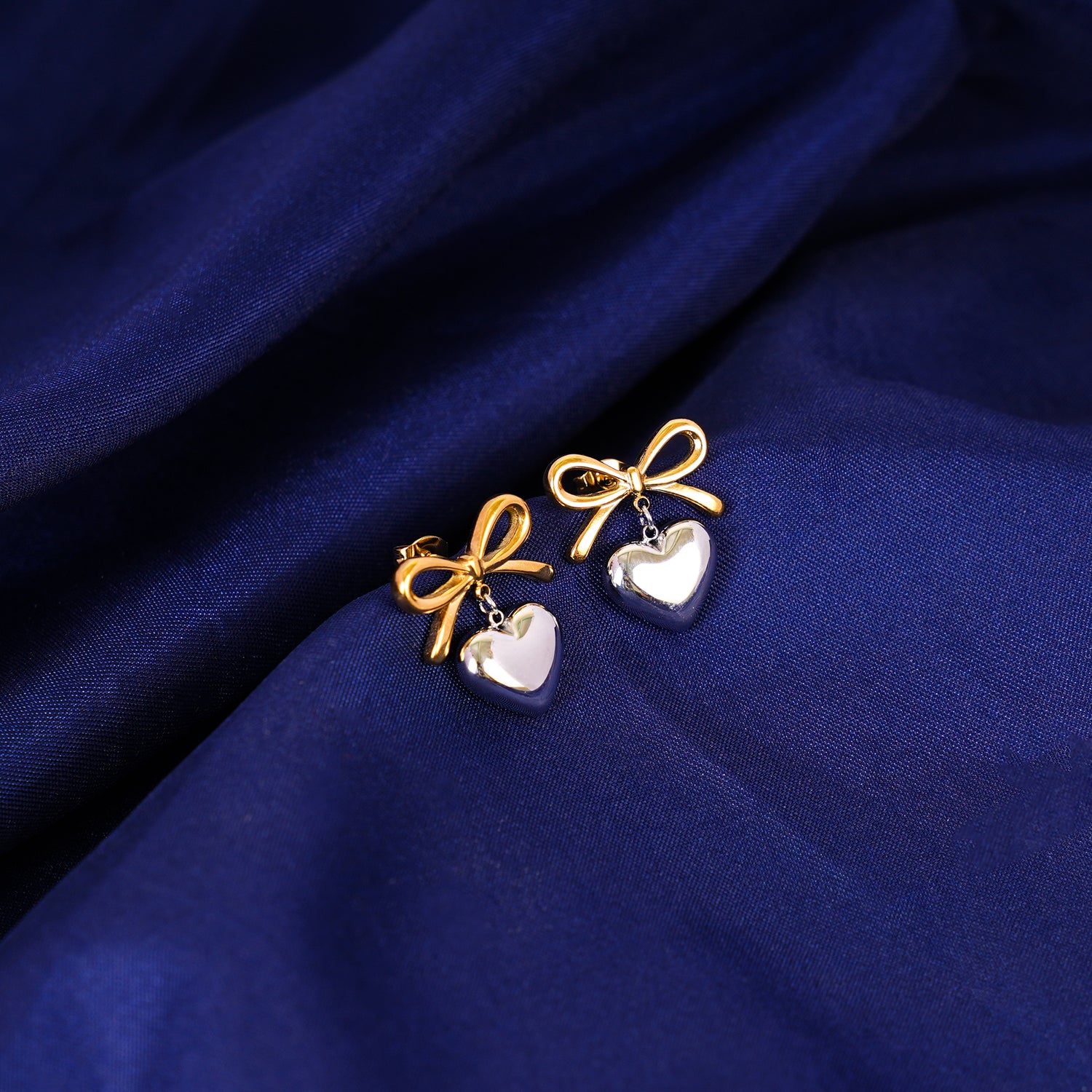 18K Multi Tone Plated Wrapped with Love Heart Bow Earrings - Silver