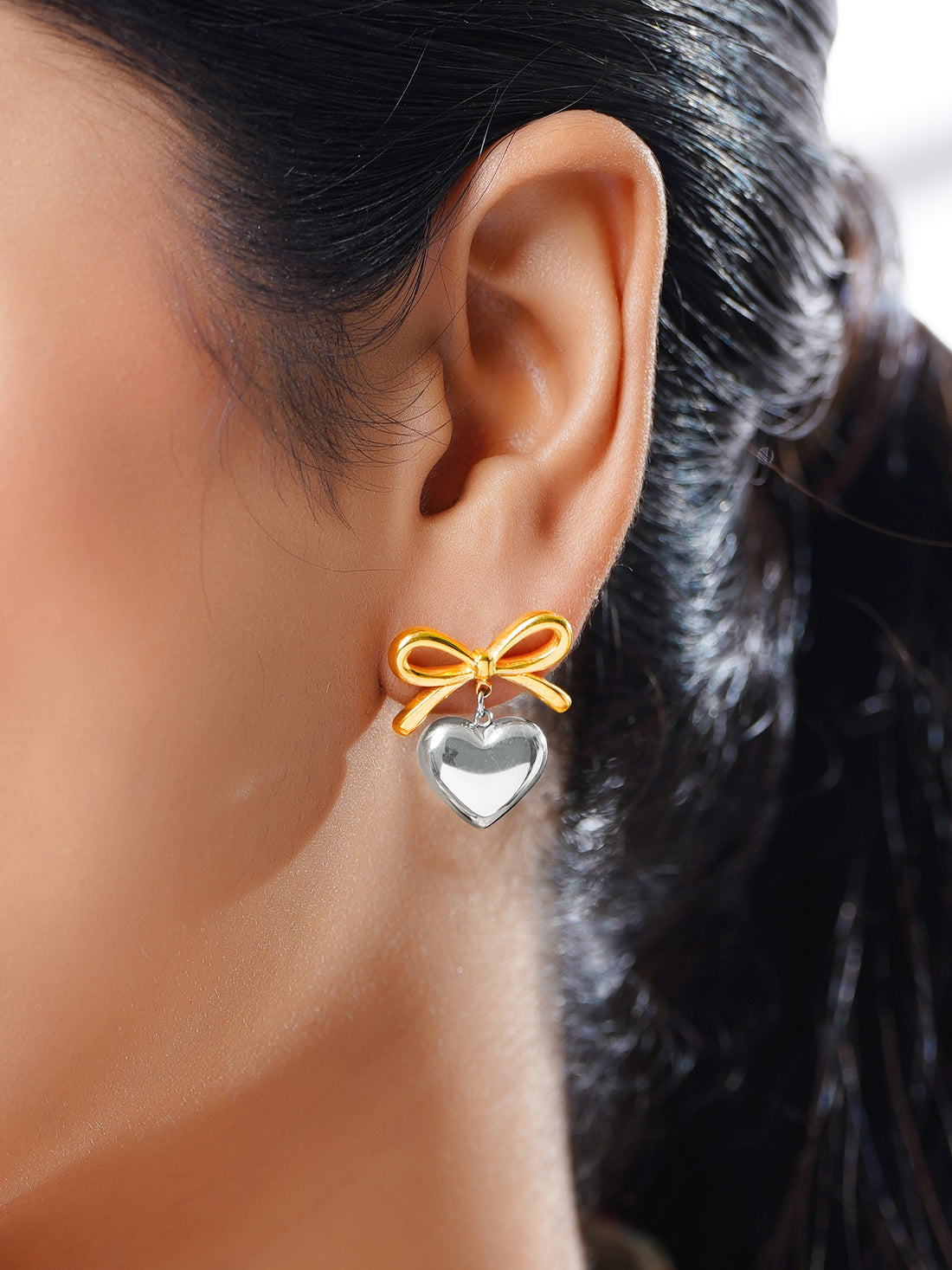Heart Bow Earrings Two Tone