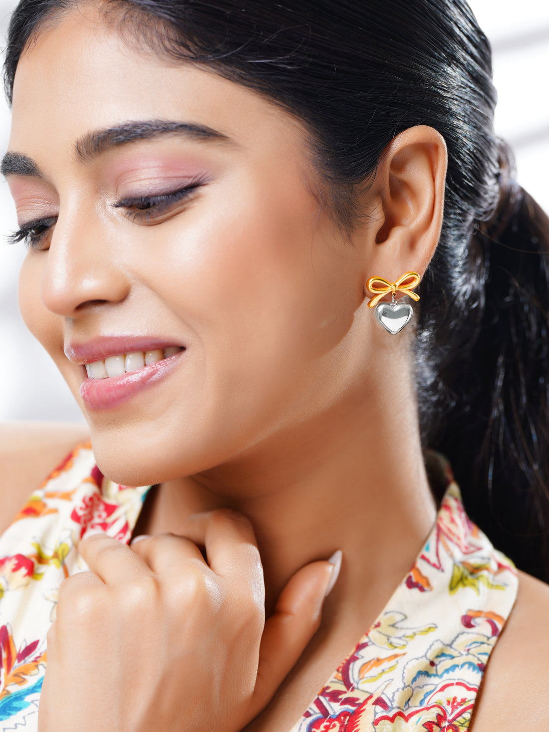 18K Multi Tone Plated Wrapped with Love Heart Bow Earrings - Silver