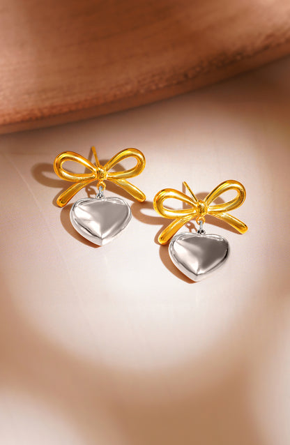 18K Multi Tone Plated Wrapped with Love Heart Bow Earrings - Silver